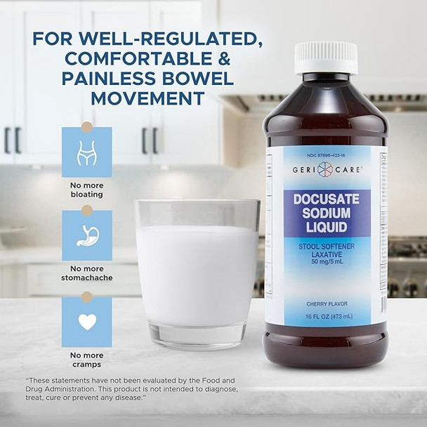 Infographic guide demonstrating how to mix Geri-Care Docusate Sodium Liquid stool softener with a beverage.