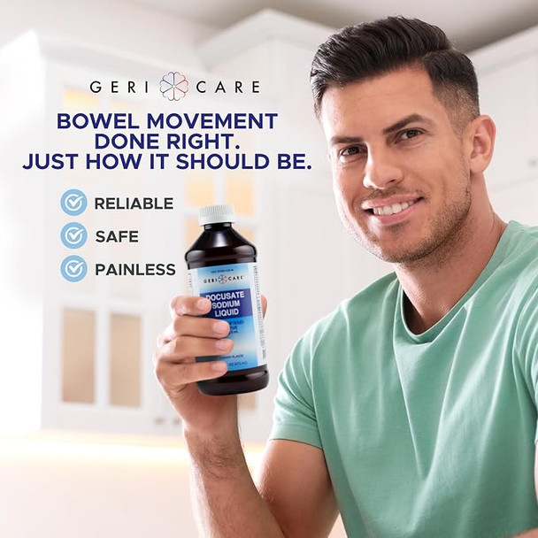A male healthcare professional holding a bottle of Geri-Care Docusate Sodium Liquid 16 oz.