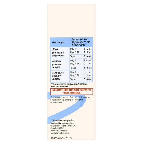 Clinical information panel on Foster & Thrive Maximum Strength Lice Killing Shampoo showing active ingredients and safety warnings.
