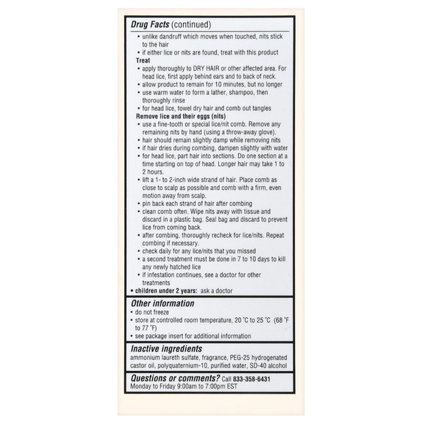Detailed side panel of Foster & Thrive Lice Killing Shampoo packaging featuring the 1-2-3 treatment system.