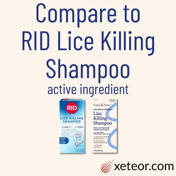 Front view of the Foster & Thrive Maximum Strength Lice Killing Shampoo retail box (4 fl oz total) and RID Lice Killing Shampoo