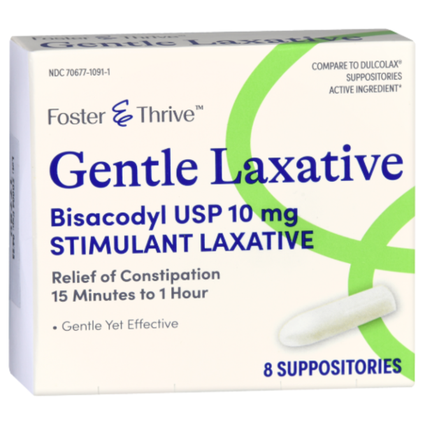 Foster & Thrive Gentle Laxative Bisacodyl 10 mg - 8 Suppositories | Compare to Dulcolax Suppositories - Front Angle View