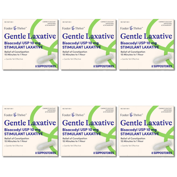 Foster & Thrive Gentle Laxative Bisacodyl 10 mg - 8 Suppositories | Compare to Dulcolax Suppositories - 6 Pack