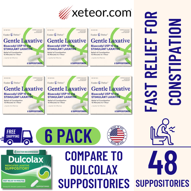 Foster & Thrive Gentle Laxative Bisacodyl 10 mg - 8 Suppositories | Compare to Dulcolax Suppositories - 6 Pack Free Shipping