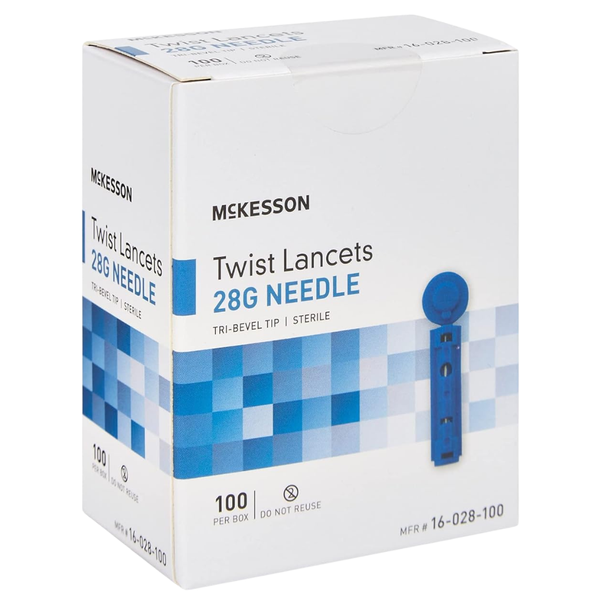 McKesson Twist Lancets 28 Gauge Needle - 100 Lancets - front and side of the box.