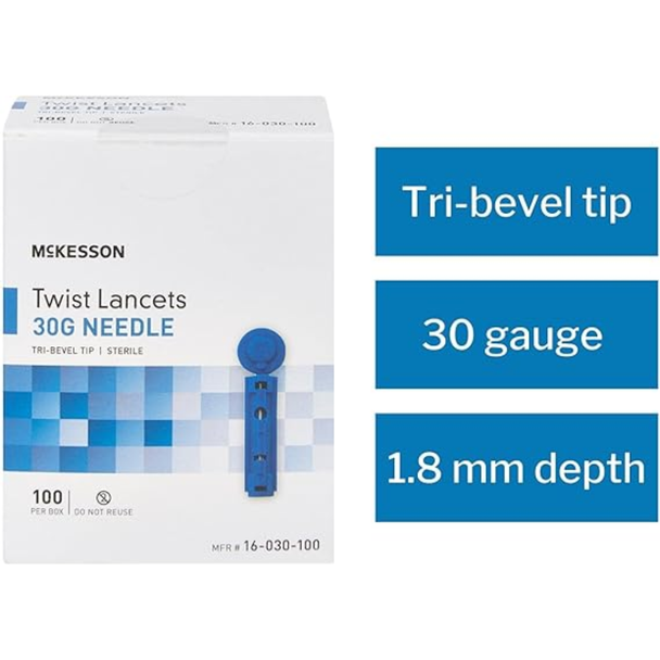 McKesson Twist Lancets 30 Gauge Needle - 100 Lancets - Sterlie Tri-Bevel Tip