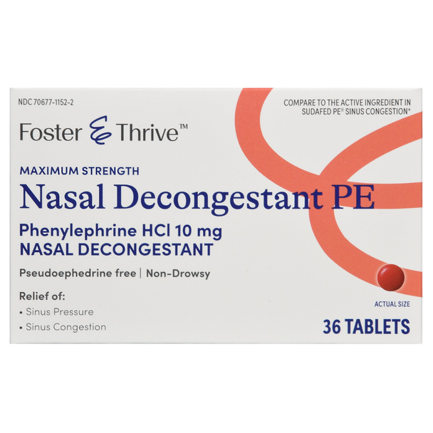 Foster & Thrive Nasal Decongestant PE10 mg - 36 Tablets | Compare to Sudafed PE