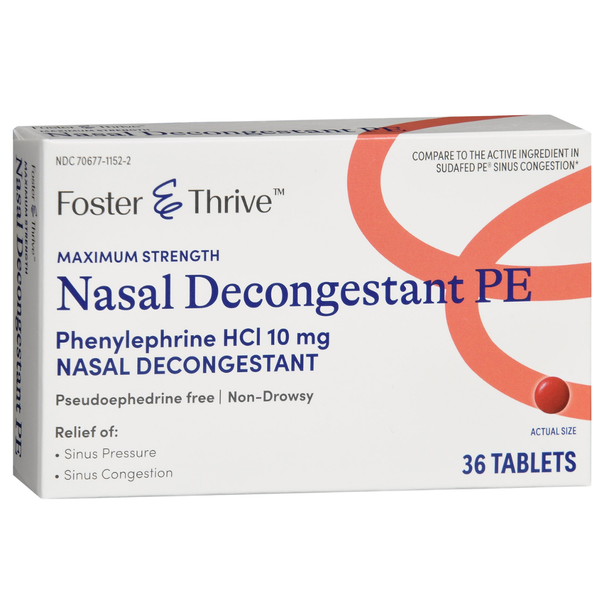 Foster & Thrive Nasal Decongestant PE10 mg - 36 Tablets | Compare to Sudafed PE - front angle