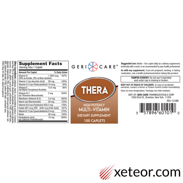 Geri-Care Thera Multivitamin - 100 Caplets | Theragran - Supplement Facts