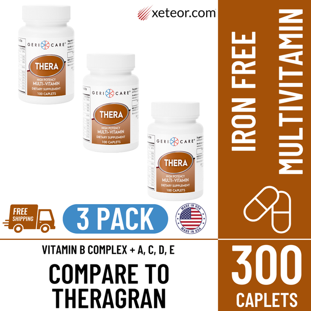 Geri-Care Thera Multivitamin - 100 Caplets | Compare to Theragran 3 Pack with free shipping