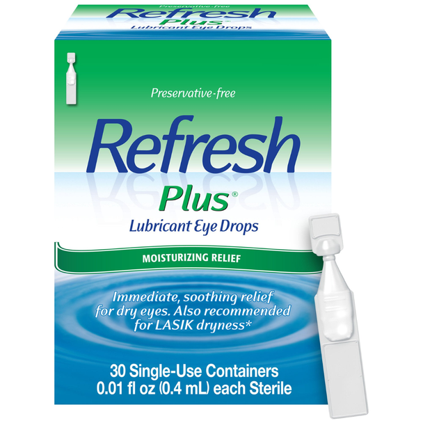 Refresh Plus Lubricant Eye Drops - 30 Single-Use Containers | Preservative Free with Vial