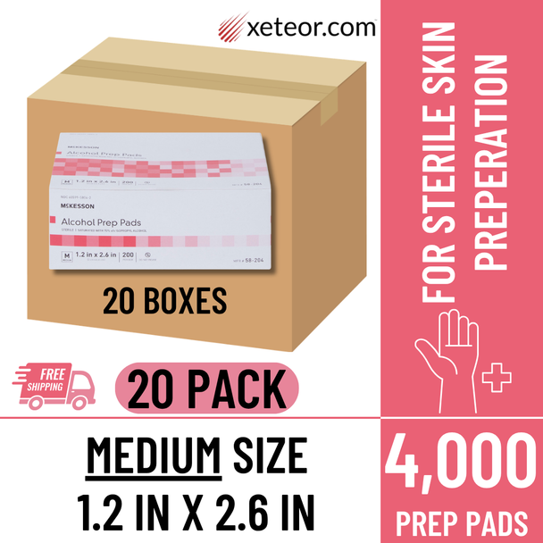 McKesson Alcohol Prep Pads - 200 Prep Pads | Medium Size 1.2 in x 2.6 in - 20 Pack with free shipping.