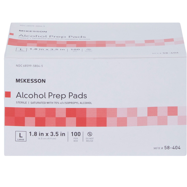 McKesson Alcohol Prep Pads - 100 Prep Pads | Large Size 1.8 in x 3.5 in - Box