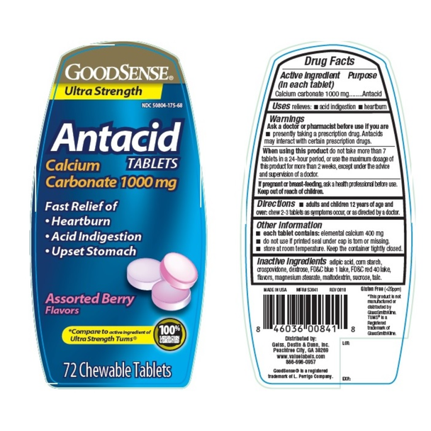 GoodSense Antacid Tablets 1000 mg Assorted Berry Flavor – 72 Chewable Tablets | Ultra Strength Tums® - Full Label