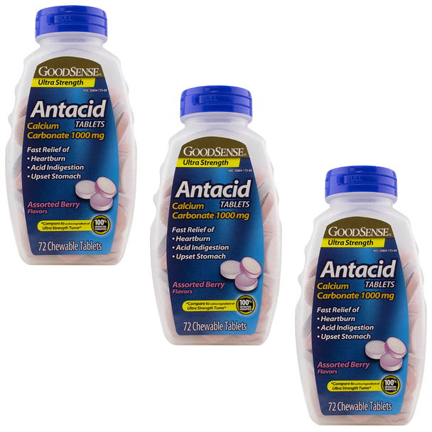 GoodSense Antacid Tablets 1000 mg Assorted Berry Flavor – 72 Chewable Tablets | Ultra Strength Tums® - 3 pack