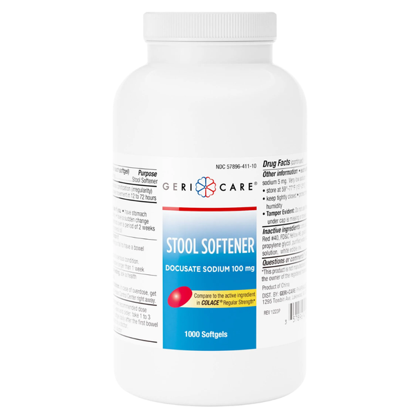 Geri-Care Stool Softener Docusate Sodium 100 mg - 1000 Softgels | Compare to Colace