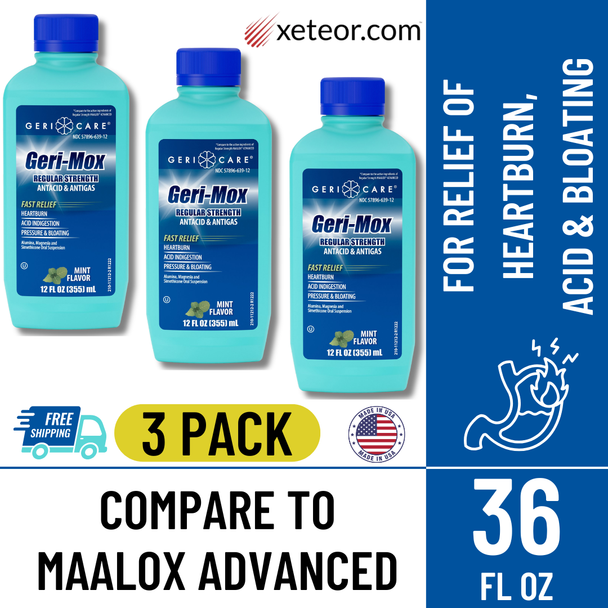 Geri-Care Geri-Mox Antacid & Anti-Gas Liquid, Mint Flavor – 12 fl oz| Compare to Maalox® Advanced - 3 Pack with free shipping