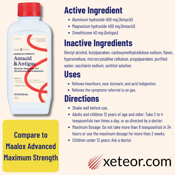 Foster & Thrive Antacid Antigas Liquid Cherry Flavor - 12 fl oz | Compare to Maalox Advanced Maximum Strength - Ingredients, Uses, Directions