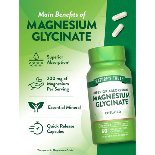 Nature's Truth Magnesium Glycinate 200 mg - 60 Capsules | Quick Release - Benefits