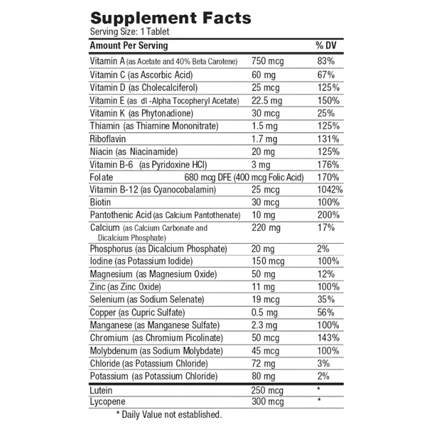Geri-Care Senior Tabs Multivitamin for Adults 50 Plus - 100 Tablets | Compare to Centrum Silver - Supplement Facts