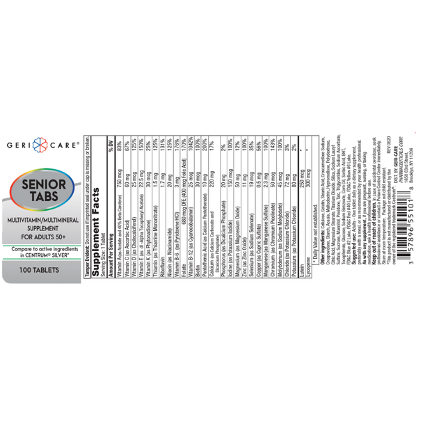 Geri-Care Senior Tabs Multivitamin for Adults 50 Plus - 100 Tablets | Compare to Centrum Silver - Full Label