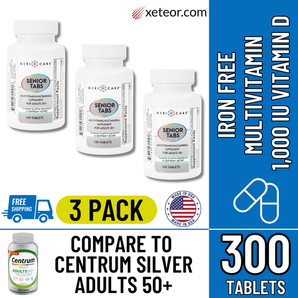 Geri-Care Senior Tabs Multivitamin for Adults 50 Plus - 100 Tablets | Compare to Centrum Silver (3 Pack) - Free Shipping