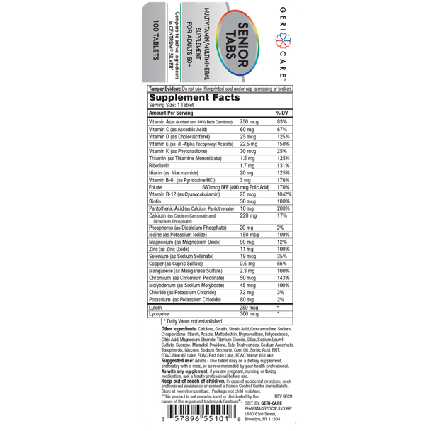 Geri-Care Senior Tabs Multivitamin for Adults 50 Plus - 100 Tablets | Compare to Centrum Silver - Ingredients