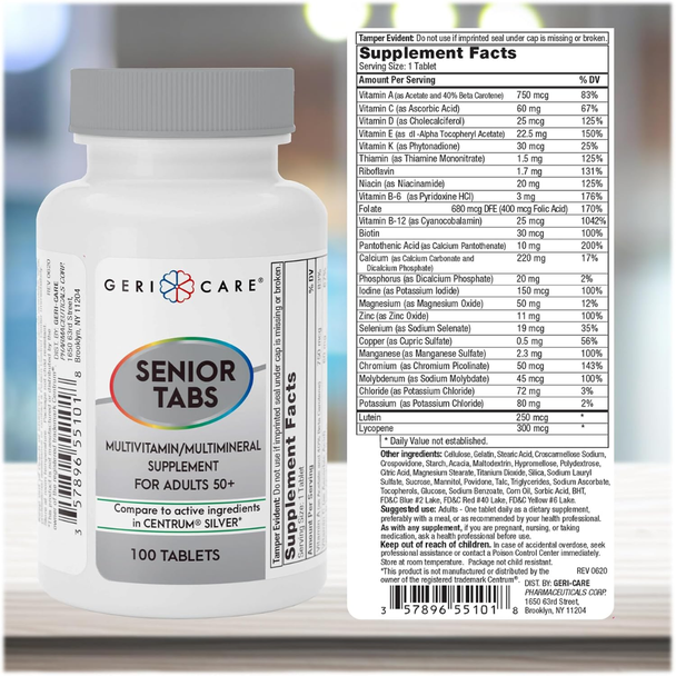 Geri-Care Senior Tabs 100-tablet bottle displayed next to its Supplement Facts label against a warm, soft blurred background.
