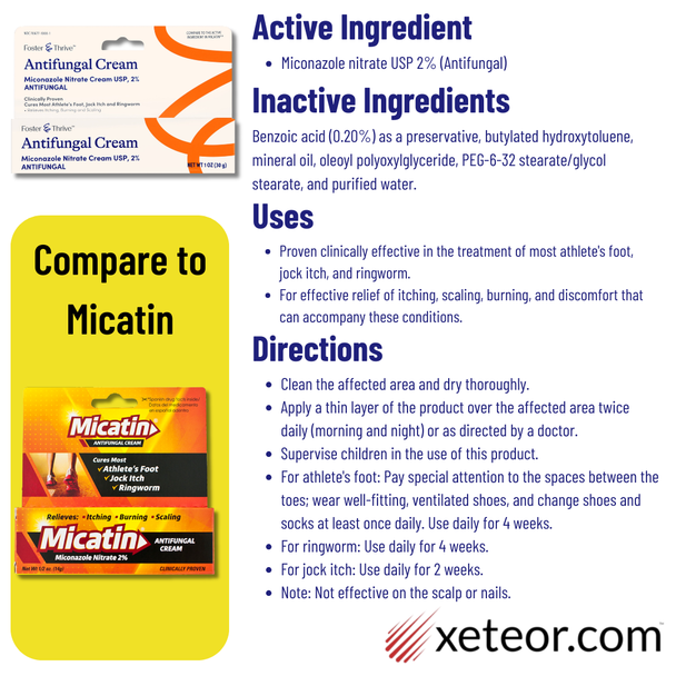 Foster & Thrive Antifungal Cream Miconazole Nitrate 2% - 1 oz | Compare to Micatin - Ingredients, Uses, Directions