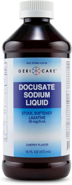 Close-up shot of the front label on a Geri-Care Docusate Sodium Liquid stool softener bottle.