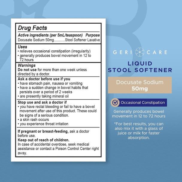 Product specifications and ingredient highlight sheet for Geri-Care Docusate Sodium Liquid.