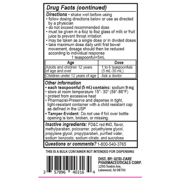 Geri-Care Docusate Sodium Liquid 50 mg / 5 ml Stool Softener Cherry - 16 Fl Oz Drug Facts