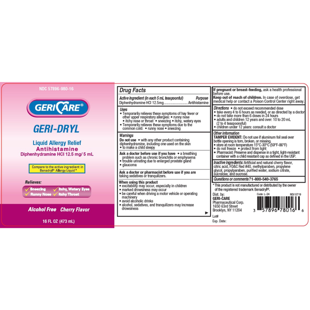 Full flat label design for Geri-Care Geri-Dryl oral solution showing active ingredients, directions, and manufacturing information.