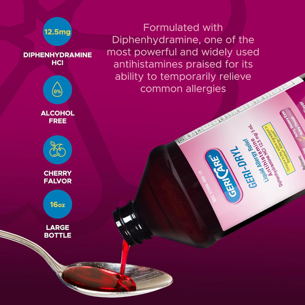 Close-up shot of cherry-red liquid allergy medicine being poured from a dark amber bottle into a silver spoon against a purple background.