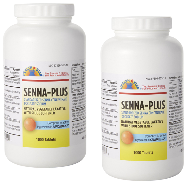 Health Star Senna-Plus Docusate Sodium 50 mg / Sennosides 8.6 mg - 1000 Tablets | Compare to Senokot-S (2 Pack) Old