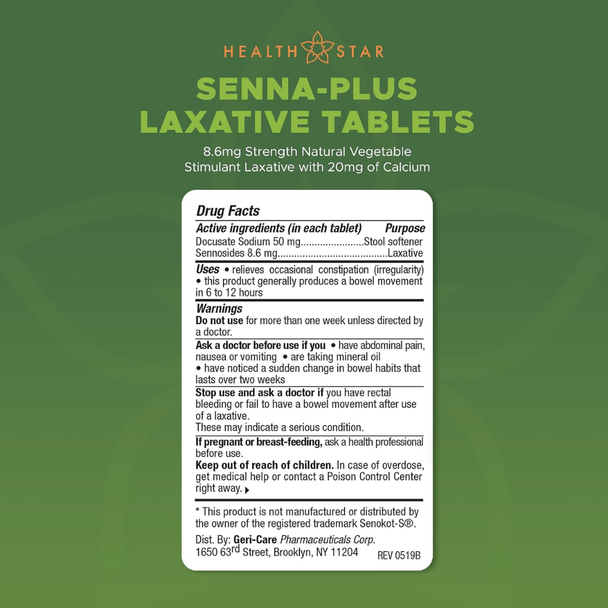 Full flat view of the FDA Drug Facts label for Health Star Senna-Plus Laxative Tablets displayed on a solid green background.