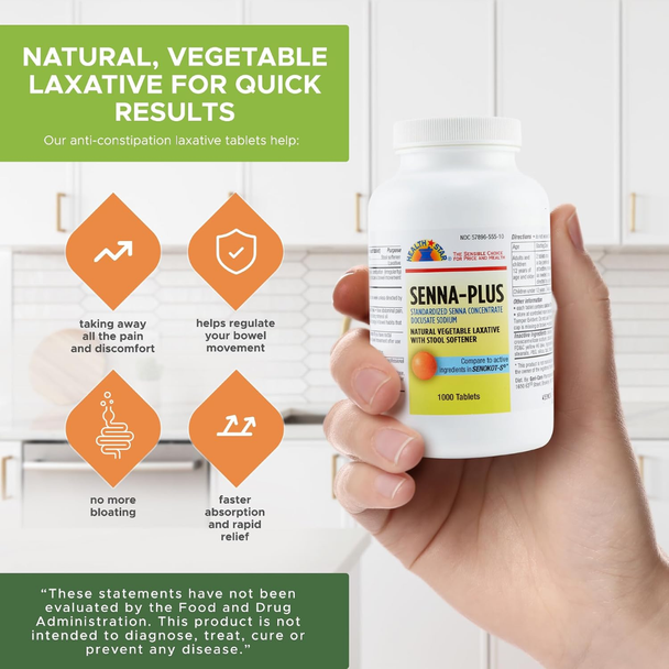 Hand holding a bottle of Health Star Senna-Plus Laxative in a bathroom setting, with infographic text detailing natural vegetable ingredients for quick constipation relief and easy-to-swallow tablets.