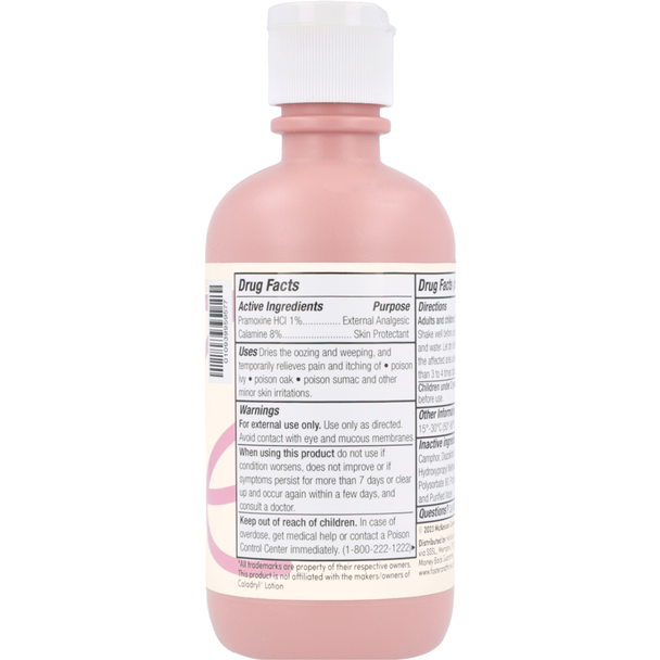 Back of Foster & Thrive Caldyphen Lotion bottle showing the FDA Drug Facts and application directions.