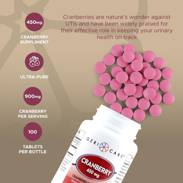 Top-down view of red Geri-Care Cranberry 450mg tablets spilling out of the open white supplement bottle.