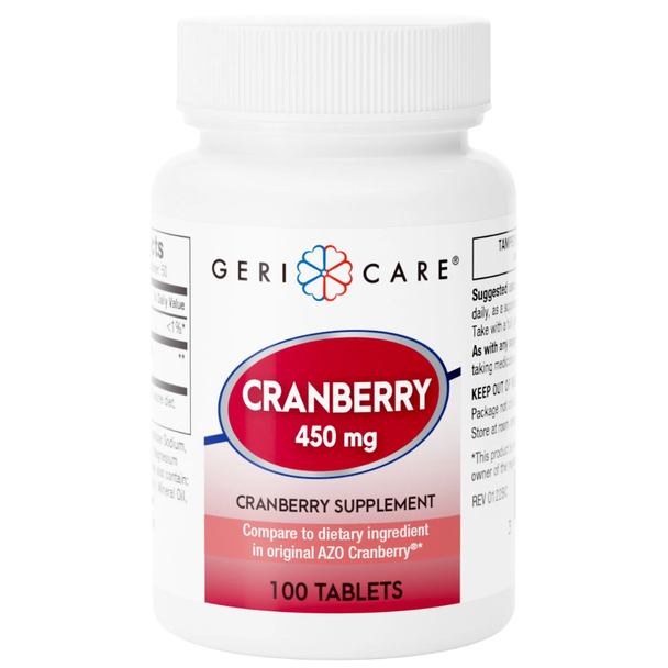 Front view of Geri-Care Cranberry 450 mg supplement bottle containing 100 tablets.