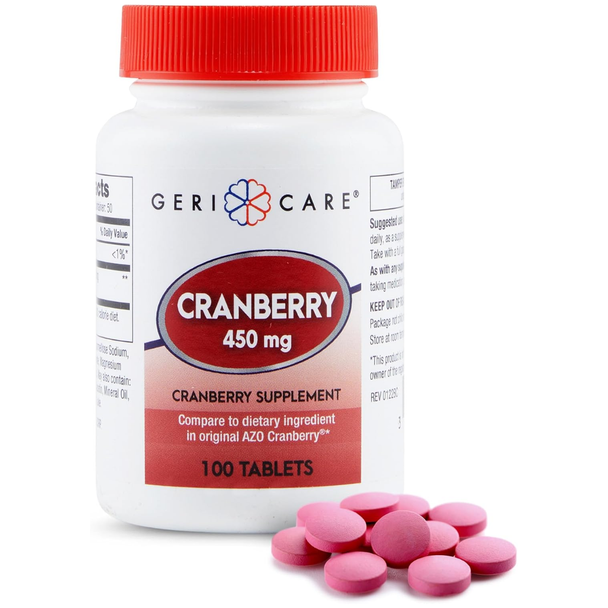 Geri-Care Cranberry 450 mg supplement bottle with several round, red tablets resting beside it on a white background.