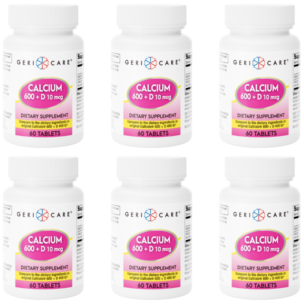 Geri-Care® Calcium 600 mg + Vitamin D3 10 mcg (400 IU) - 60 Tablets | Compare to Caltrate 600+D 400 IU - 6 Pack