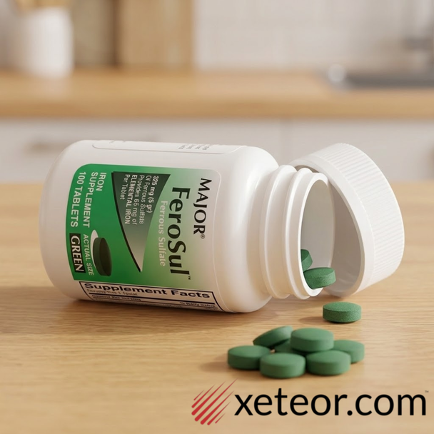 Major FeroSul Green Ferrous Sulfate 325 mg bottle with green iron supplement tablets resting on a table.