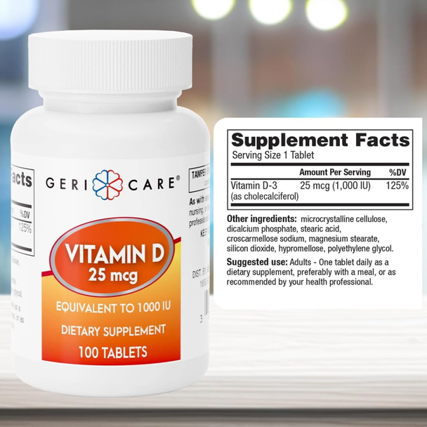 Supplement facts panel and ingredients list for Geri-Care Vitamin D3 25 mcg (1000 IU) displayed next to the product bottle.