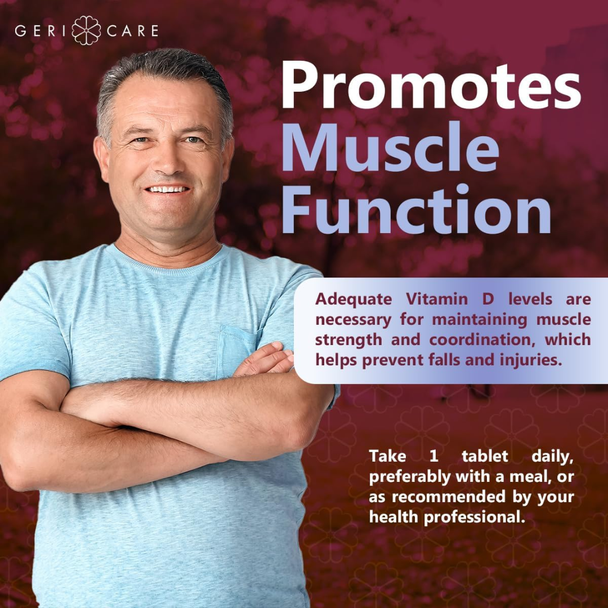 Lifestyle image of a smiling man with crossed arms, featuring text highlighting how Geri-Care Vitamin D3 25 mcg promotes proper muscle function.