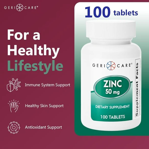 Infographic featuring the Geri-Care Zinc 50 mg bottle highlighting daily benefits like immune system support, healthy skin support, and antioxidant support.