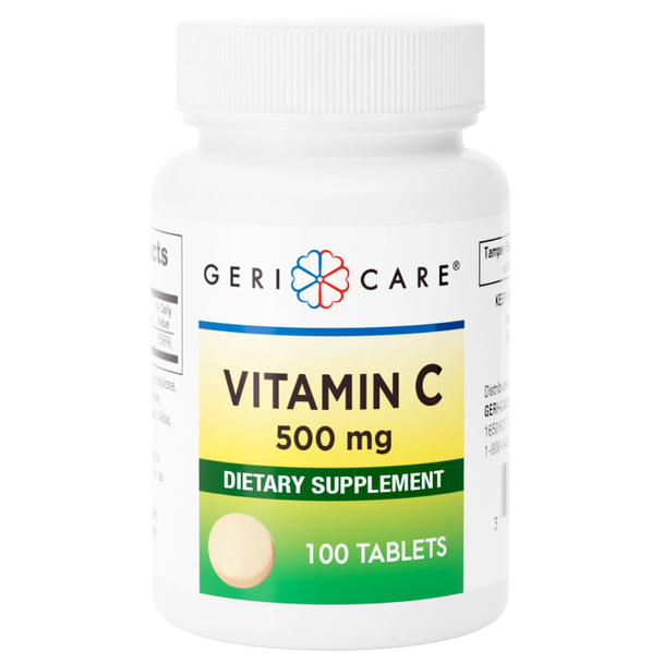 Front view of a Geri-Care Vitamin C 500 mg dietary supplement bottle containing 100 tablets on a clean white background.