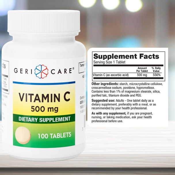 Supplement facts panel and ingredients list for Geri-Care Vitamin C 500 mg displayed next to the product bottle in a lifestyle setting.