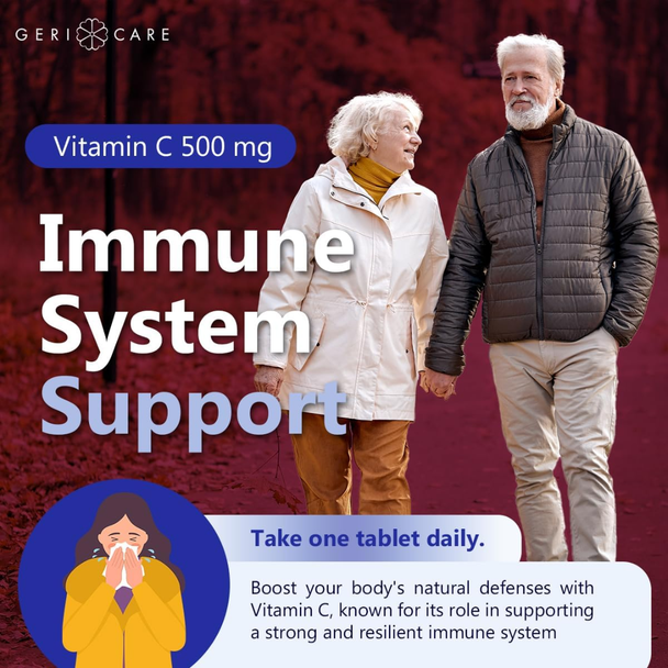 Lifestyle image of an active older couple walking outdoors, with an overlay explaining how taking one tablet daily of Geri-Care Vitamin C 500 mg supports the immune system.