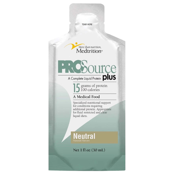 Front view of Medtrition ProSource Plus Liquid Collagen Peptides 15g pouch in neutral flavor.
